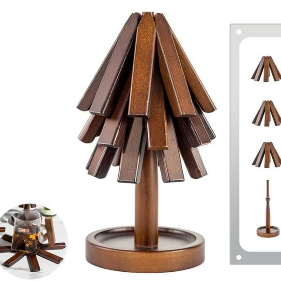 New Wooden Trivets Insulation Pad Tree Shape Set Coasters Holiday Christmas - Picture 2 of 11